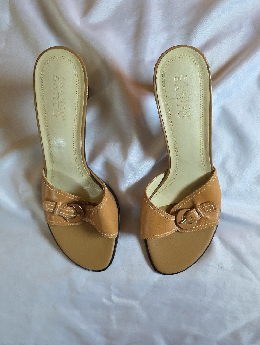 Franco Sarto Cognac Leather Slide Mules with Buckle